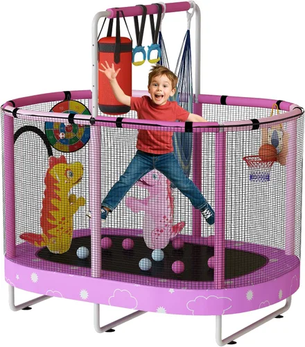 Miniatura 19 de LAMERGE Trampolín redondo 7 en 1 de 55 pulgadas para niños y niñas de 1 a 8 años, trampolín para interiores y exteriores para diversión, barandilla
