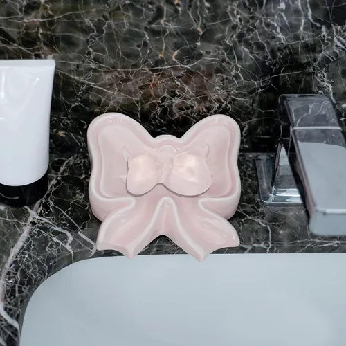 Miniatura 4 de Jabonera con lazo, caja de jabón de cerámica en forma de lazo, jabones de cerámica para baño, fregaderos, cocina (rosa)