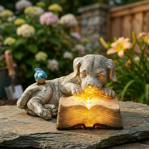Miniatura 7 de Topadorn Estatua de jardín solar para cachorros con libro LED brillante, perro de resina pintado a mano con pájaro azul, decoración de patio al aire