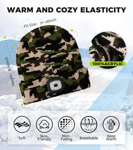 Miniatura 4 de HEYAXA Gorro LED unisex con luz, gorro con linterna frontal recargable, rellenos para calcetines, regalos de Navidad para hombres, gorro tejido