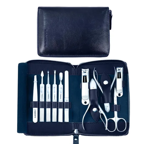 Miniatura 12 de FAMILIFE - Kit de manicura profesional para uñas, 11 en 1, de acero inoxidable, con estuche de viaje portátil de cuero negro, regalos de lujo para él
