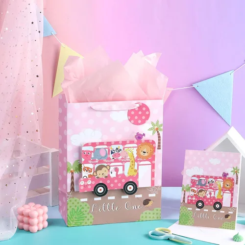 Miniatura 2 de LeZakaa Bolsa de regalo rosa de 1er cumpleaños para niños y niñas, bolsa de regalo de 13 pulgadas con papel de seda, etiqueta de regalo y tarjeta