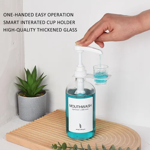 Miniatura 4 de Dispensador de enjuague bucal de vidrio con portavasos y bomba, dispensador de enjuague bucal rústico bohemio de 16 oz para decoración de baño