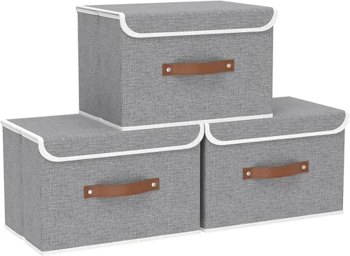 Miniatura 20 de Yawinhe SNK024BEN-1 Cajas de almacenamiento plegables, cestas apilables de tela de lino, contenedor con tapa y asa de cuero, lavable, para el hogar