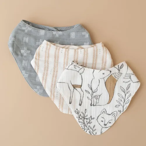 Miniatura 9 de Crane Baby Juego de baberos de muselina suave, ajustable y absorbente, estilo bandana para niños y niñas, animales del bosque, 3 piezas, 18.5 x 9