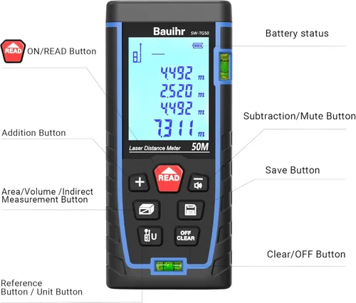Miniatura 2 de Bauihr - Medidor de distancia láser de 165 pies, herramienta de medición láser portátil con 2 niveles de burbuja, pantalla LCD retroiluminada