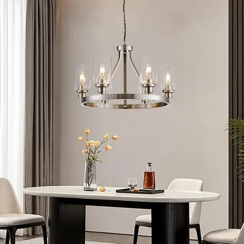 Miniatura 8 de Lanhall - Lámpara moderna de 6 luces para comedor, lámpara de techo en níquel cepillado para cocina, candelabro colgante con pantalla de vidrio