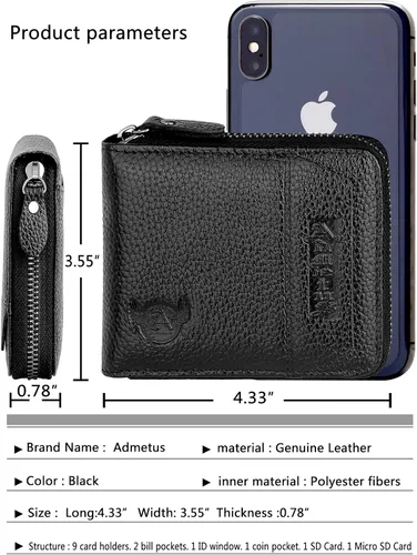 Miniatura 30 de Admetus - Cartera de piel auténtica para hombre con cremallera, plegable