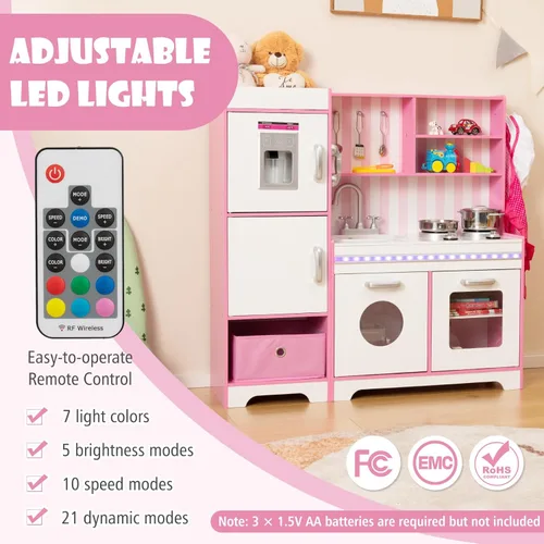 Miniatura 2 de KOTEK Juego de cocina con luces y sonidos, juego de cocina de madera para niños pequeños con máquina de hielo, lavadora, 16 accesorios y estufa, Rosa