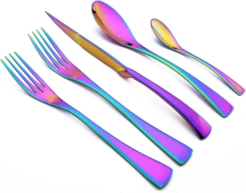 Miniatura 10 de Juego de cubiertos de acero inoxidable 304 de 20 piezas con cuchara de cuchillo para carne, color negro espejo, servicio para 4