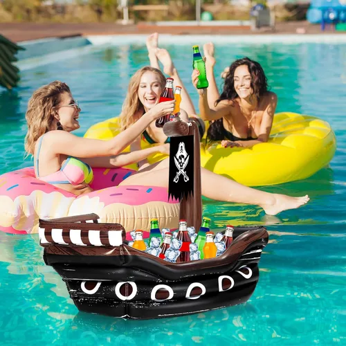 Miniatura 5 de Zhanmai Enfriador inflable de bebida de barco pirata, contenedor de comida inflable para verano, carnaval, Mardi Gras, fiesta de cumpleaños pirata