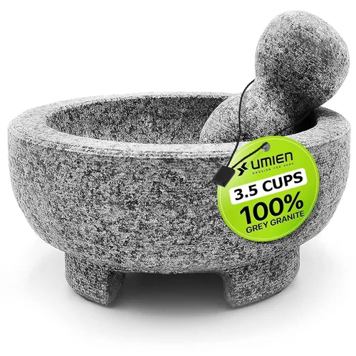 Umien Juego de Mortero y Majo de Granito - Molcajete de Piedra Natural de 8 Pulgadas con Herramienta para Aguacate - Capacidad de 3.5 Tazas para Gris