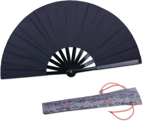 Ventilador plegable de 11.8 pulgadas, negro, pequeño, ventilador de mano chino Kung Fu Tai Chi para hombres, mujeres/niños con una funda de tela