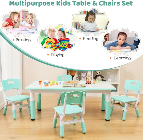 Miniatura 9 de Costzon Juego de mesa y 4 sillas para niños, escritorio y sillas para niños pequeños de altura ajustable con escritorio de graffiti, patas Verde
