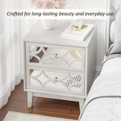 Miniatura 3 de COZAYH Moderna mesita de noche de 2 cajones con parte delantera espejada, elegante mesita de noche con patrón geométrico para dormitorio, gris claro