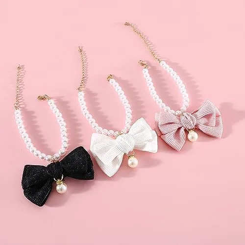 Miniatura 6 de Paquete de 3 collares de perlas para perro, joyas de perlas elegantes con lazos grandes, lindo collar de boda, accesorios de disfraz para perros