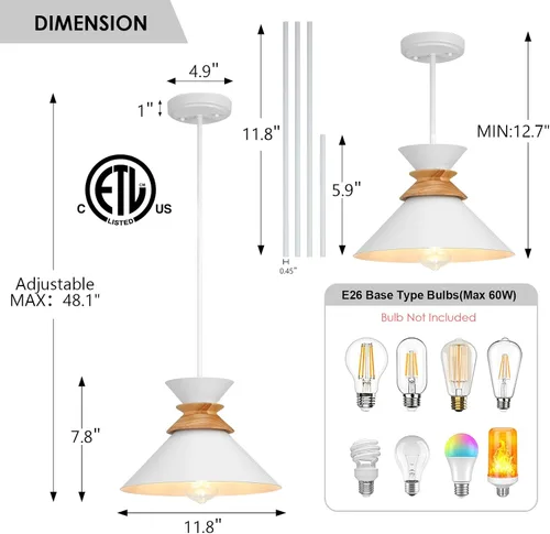 Miniatura 2 de Luces colgantes blancas de 12 pulgadas para isla de cocina, lámparas colgantes de altura de barra ajustable para comedor, paquete de 3