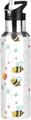 BPA-Free Sports Water Bottle 20 Oz, Stainless Steel Vacuum Insulated Water Bottle for Gym Outdoor Travel School, Cute Cartoon Bees Floral White