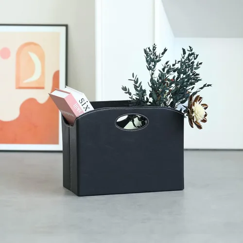 Miniatura 8 de EZDeco Revistero plegable con soporte para revistas de PU de cuero en el suelo, organizador de archivos de PU para periódicos, libros, cesta