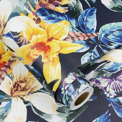 Miniatura 7 de FunStick Papel tapiz floral azul marino oscuro de 17.5 x 354 pulgadas, despegar y pegar, papel tapiz vintage extraíble, hojas adhesivas, papel