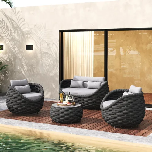 Miniatura 16 de TWT 3-Piece Woven Rope Patio Furniture Set, 2 Outdoor Armchairs with Soft Cushions + Round Aluminum Coffee Table, All-Weather Conversation Set for