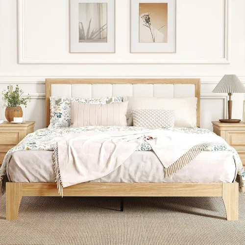Miniatura 10 de HOMCOM Base de cama de tamaño matrimonial con cabecera tapizada, marco de cama de plataforma con listones de madera, no necesita somier, fácil