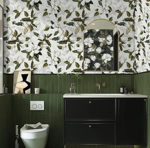 Miniatura 7 de HAOKHOME Papel tapiz floral para despegar y pegar, papel de pared extraíble Magnolia de vinilo blanco hueso, gris/verde, papel de contacto