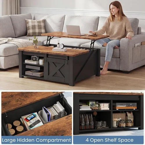 Miniatura 5 de DUMOS - Mesa auxiliar elevable, mesa central con almacenamiento, mesas cuadradas para sala de estar con estantes ajustables, modernas mesas de Madera