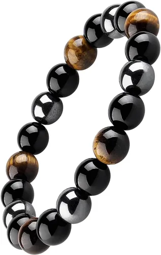 HOZEAL Pulsera de triple protección, brazalete de obsidiana negra con ojo de tigre y hematita para hombres y mujeres para traer suerte y