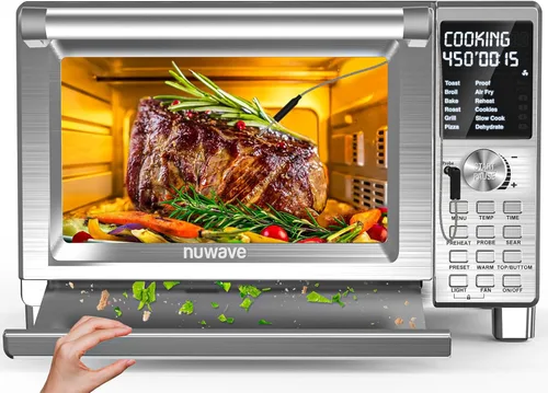 Nuwave Bravo XL Pro - Horno tostador con freidora de aire, 100% de súper convección mejorada, resultados más rápidos y crujientes, 100 preajustes,