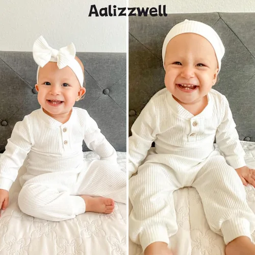 Miniatura 2 de Aalizzwell Traje acanalado de manga larga neutral para bebé con sombrero y diadema