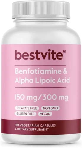 BESTVITE Benfotiamina 150mg / Ácido alfa lipoico 300 mg (120 cápsulas vegetarianas) – Sin estearatos – Vegano – Sin gluten – Sin OMG
