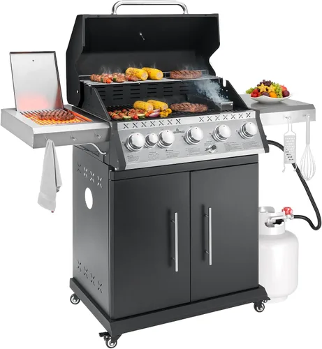 Miniatura 12 de Parrilla de gas propano, parrilla de barbacoa de acero inoxidable 4+1 con quemador lateral infrarrojo para cocinar al aire libre, color negro