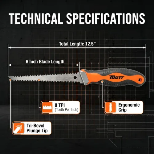 Miniatura 7 de Mutt Tools - Sierra profesional para paneles de yeso de 6 pulgadas con mango ergonómico, sierra Jab para corte de chapa - Sierra de ojo de cerradura