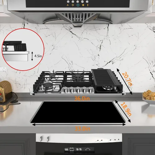 Miniatura 6 de Cocina de gas de 36 pulgadas con plancha, estufa de gas con 5, parrilla/plancha de hierro fundido reversible, convertible NG/GLP, con protección por