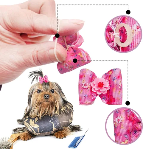 Miniatura 4 de 50 unidades/25 pares de lazos para el pelo de perro con banda de goma, patrón floral de primavera para niñas, hembra, gato, conejo, cachorro