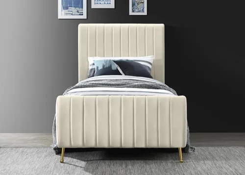 Miniatura 5 de Meridian Furniture Colección moderna Zara Cama tapizada de terciopelo contemporáneo con acolchonamiento de canal profundo y patas doradas a Crema