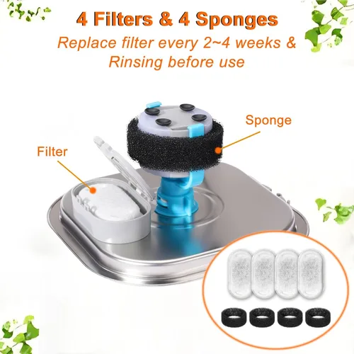 Miniatura 5 de Filtros de fuente de agua para gatos, 4 filtros+4 filtros de repuesto de esponja para 108/3.2L y 67oz/2LDispensador de agua de acero inoxidable