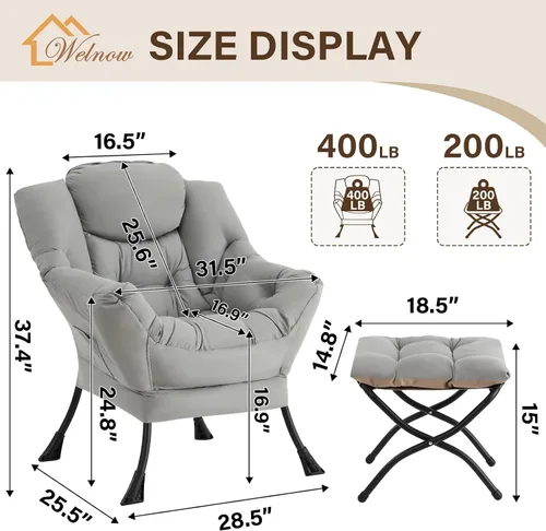 Miniatura 3 de Welnow - Silla perezosa con otomana, moderna silla de descanso con reposabrazos y bolsillo lateral, juego de sillón tapizado de ocio, sillón de Gris