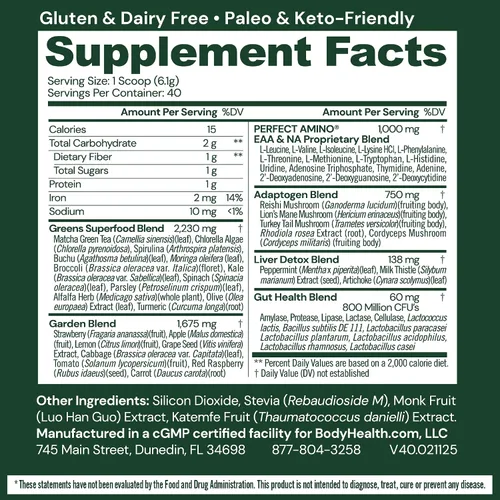 Miniatura 2 de BodyHealth Greens mejorado con PerfectAmino - Polvo diario de batido de manzana verde de superalimento con verduras, frutas, antioxidantes, Verdes