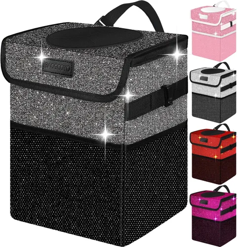 Miniatura 8 de Bonita mini bolsa de basura para automóvil con tapa, cubo de basura con purpurina para colgar para asiento trasero, asiento delantero/consola