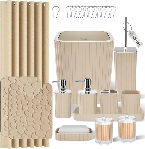 Miniatura 35 de XLHOMO Bathroom Set- 25PC Beige Bathroom Set, Bathroom Set with Shower Curtain and Rugs, Beige Shower Curtain Set, Toilet Brush, Bathroom Trash Can