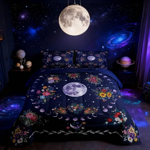 Miniatura 14 de Juego de edredón de champiñones para niños, tamaño individual, juego de ropa de cama romántica con sol, luna, cielo estrellado y galaxia, decoración