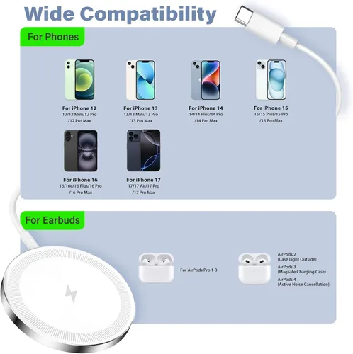 Miniatura 2 de Cargador inalámbrico magnético: 15W Qi Fast Portable Slim Charger Puck para iPhone 17e 17 Air 17 Pro Max 16 15 14 13 12 Series S26 y AirPods 4 3 2