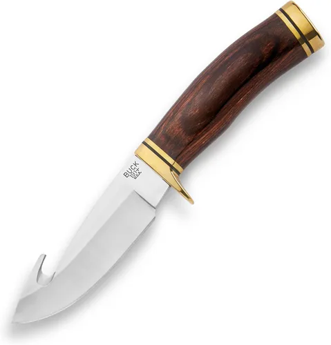 Buck Knives 191 Buck - Cuchillo de caza con cremallera, hoja fija de 4-1/4 pulgadas, mango de madera, hoja de acero inoxidable 420HC, funda Marrón