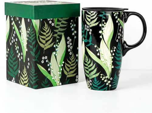 Miniatura 11 de Topadorn Taza de café de cerámica de 17 onzas con tapa y caja de regalo, taza de té de porcelana con plumas de pavo real Art Deco, apta para Azul