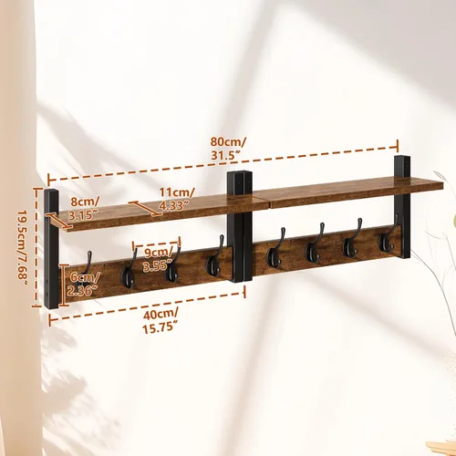 Miniatura 4 de YMYNY Estante Perchero Montado en la Pared, Juego de 2 Ganchos para Abrigos, Colgador de Abrigos de Entrada con 8 Ganchos, Estante Flotante de Pared