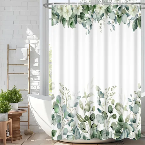 Miniatura 36 de Cortina de ducha de eucalipto verde salvia Velaequezii con plantas de acuarela, hojas botánicas de primavera impresas, cortina de baño impermeable