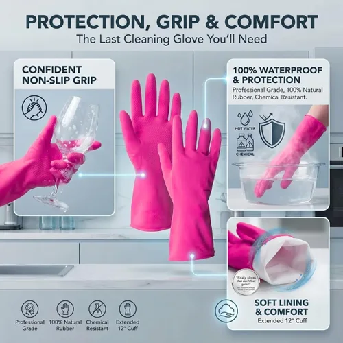 Miniatura 4 de ForPro - Guantes de goma natural, 6 pares de guantes reutilizables multiusos para limpieza del hogar con forro interior suave, impermeables