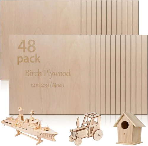 48 piezas de madera contrachapada de abedul báltico, 12 x 12 x 1/8 pulgadas, 0.118 pulgadas de grosor, madera sin terminar para manualidades, corte